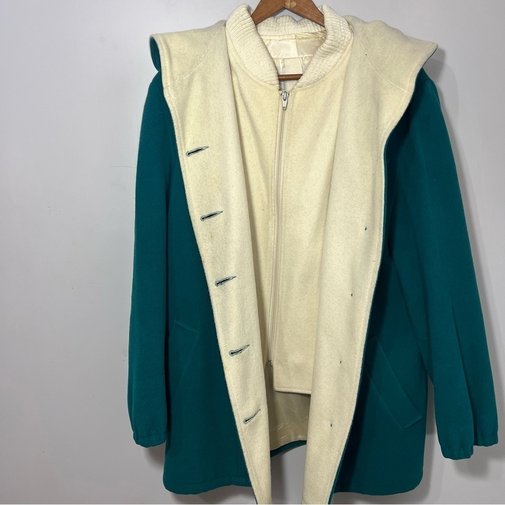 Vintage Green Wool Hooded Jacket Indie Hipster Retro Vest Pea Coat Cottagecore - Picture 7 of 16